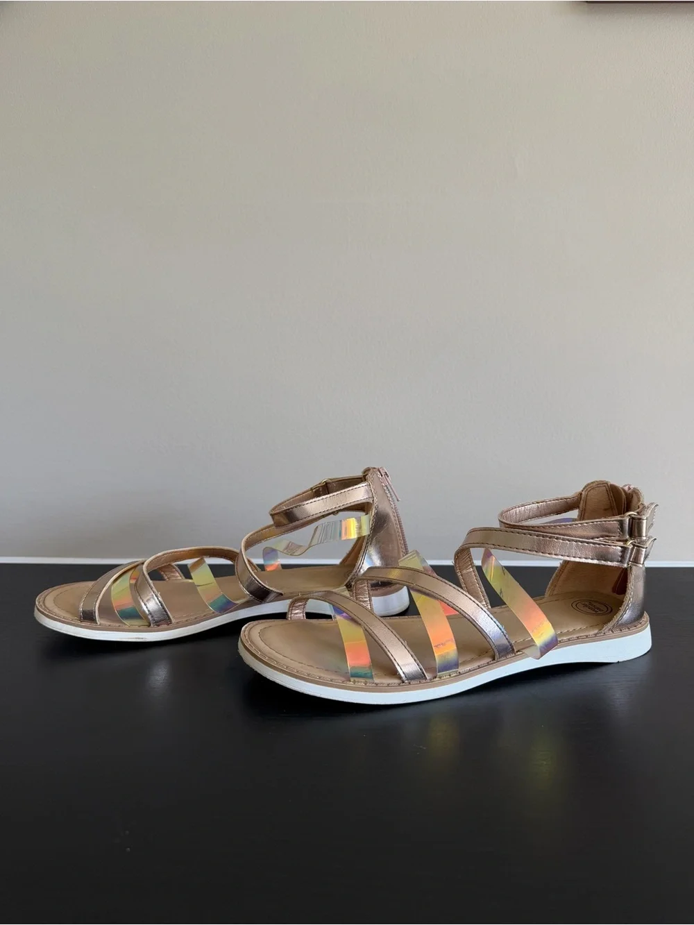 Wonder Nation Girls' 5 Gladiator Sandals Rose Gold Metallic Iridescent Straps